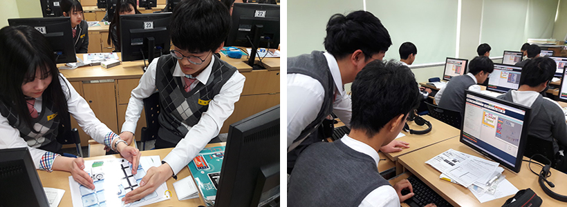 피지컬 컴퓨팅 장면(좌), 플레이봇 협업 문제해결학습 장면(우)