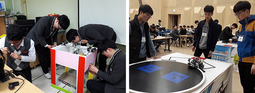 EV3 로봇프로그래밍(좌), EV3 로봇프로그래밍 대회에 참석한 학생들(우)