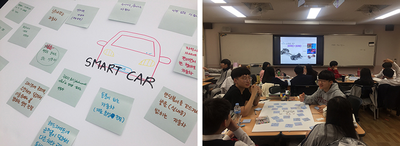 아이디어 창출하기(좌), 모둠의 대표 아이디어 정하기(우)