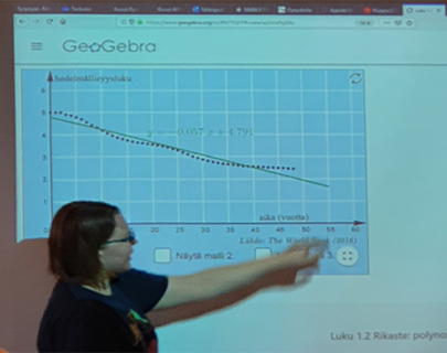 야르벤빠 고교의 수학 수업, 학생들도 지오지브라를 활용하여 식을 계산할 수 있도록 수업을 진행한다.